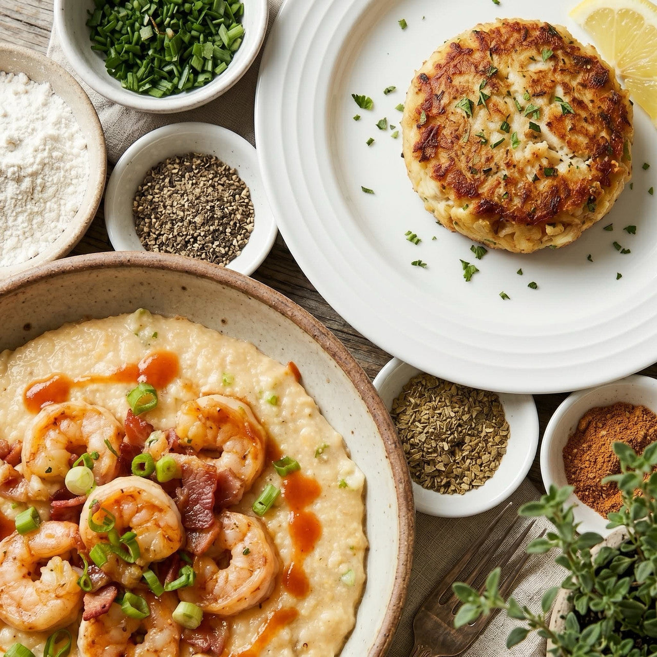 Overhead shot of golden seared crab cakes, creamy shrimp and grits, and a slice of Key Lime Pie with whipped cream on a rustic coastal table