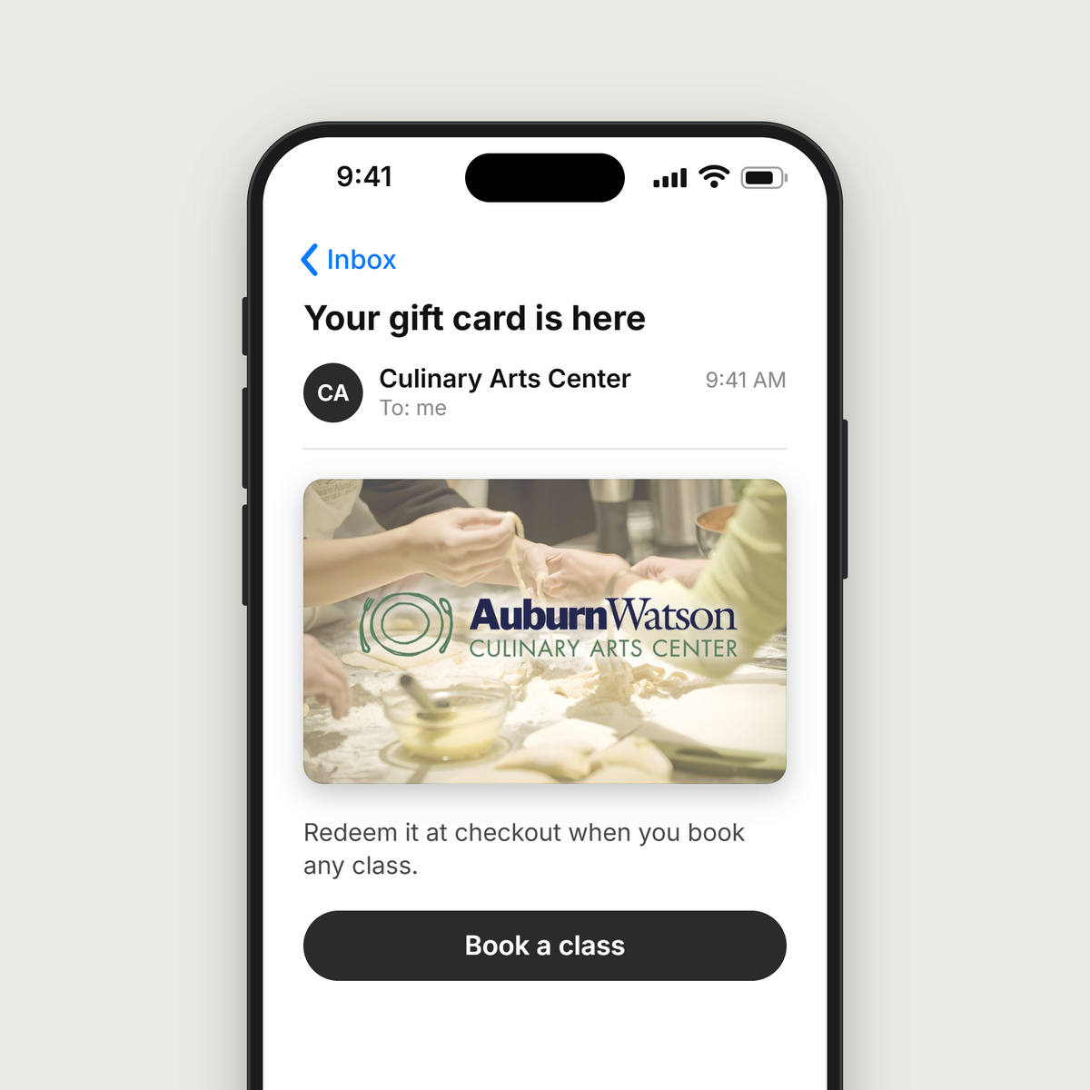 Culinary Arts Center digital gift card arriving by email on a phone